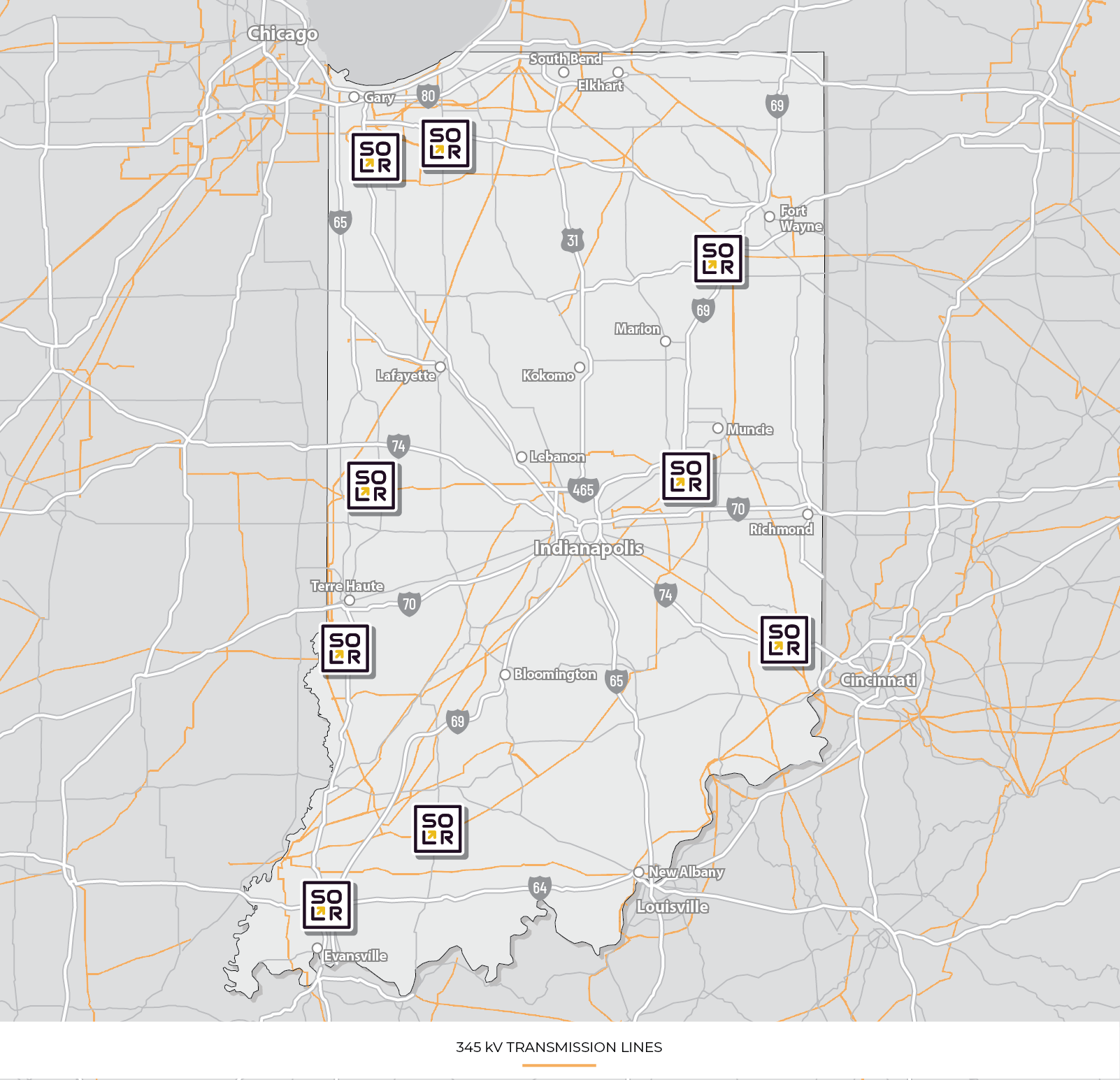 Indiana map showing SOLR site locations