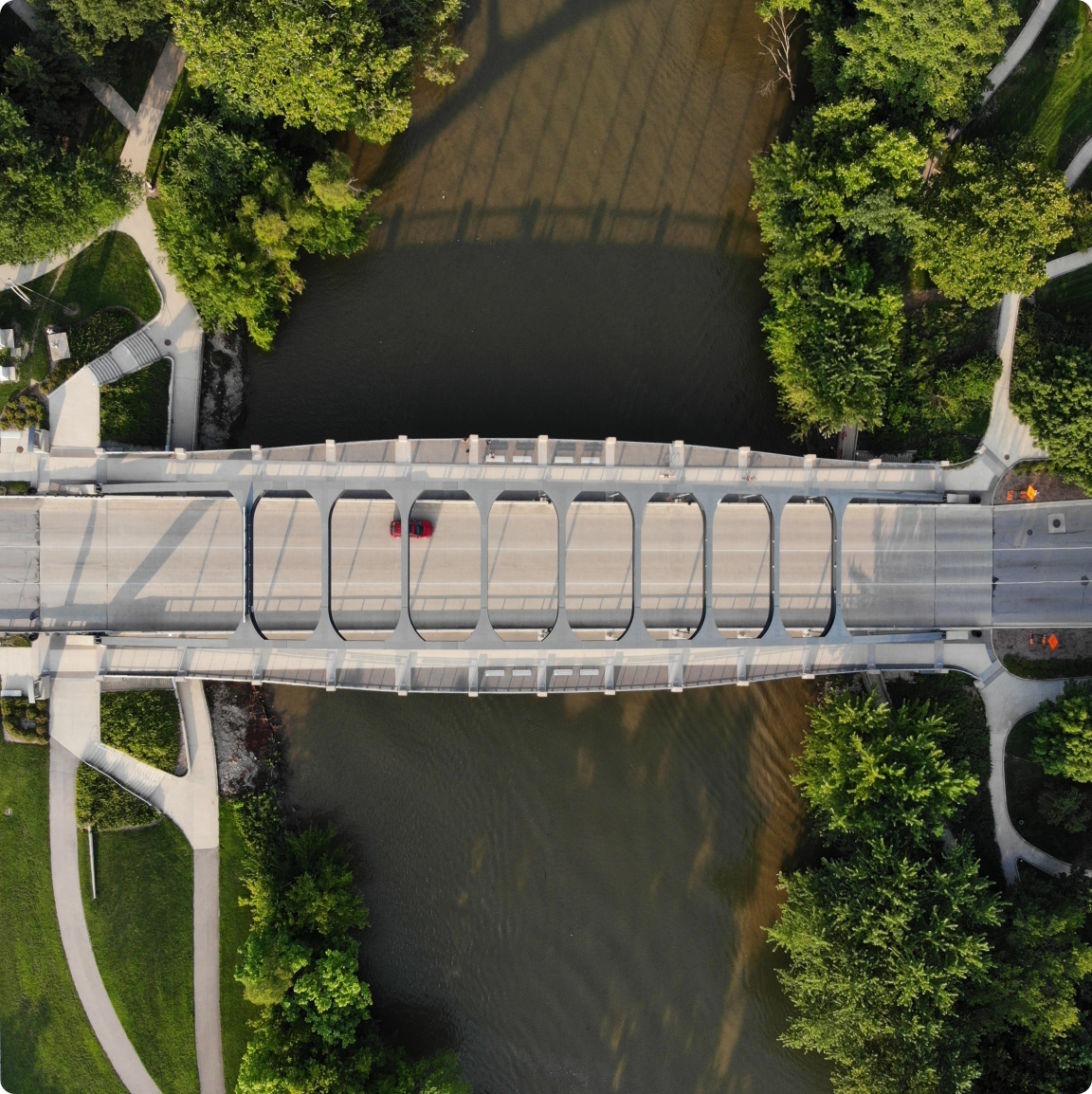 OVERHEAD SHOT OF FT. WAYNE BRIDGE AND RIVER